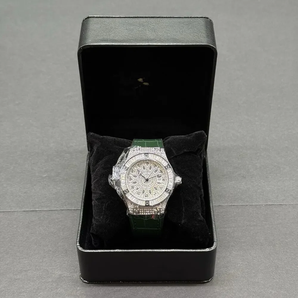 Iced Out Watch Silver Tone Green Leather Band Arabic Dial Baguette Bezel NEW